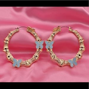 Butterfly Bamboo Hoop Earrings with Blue accent